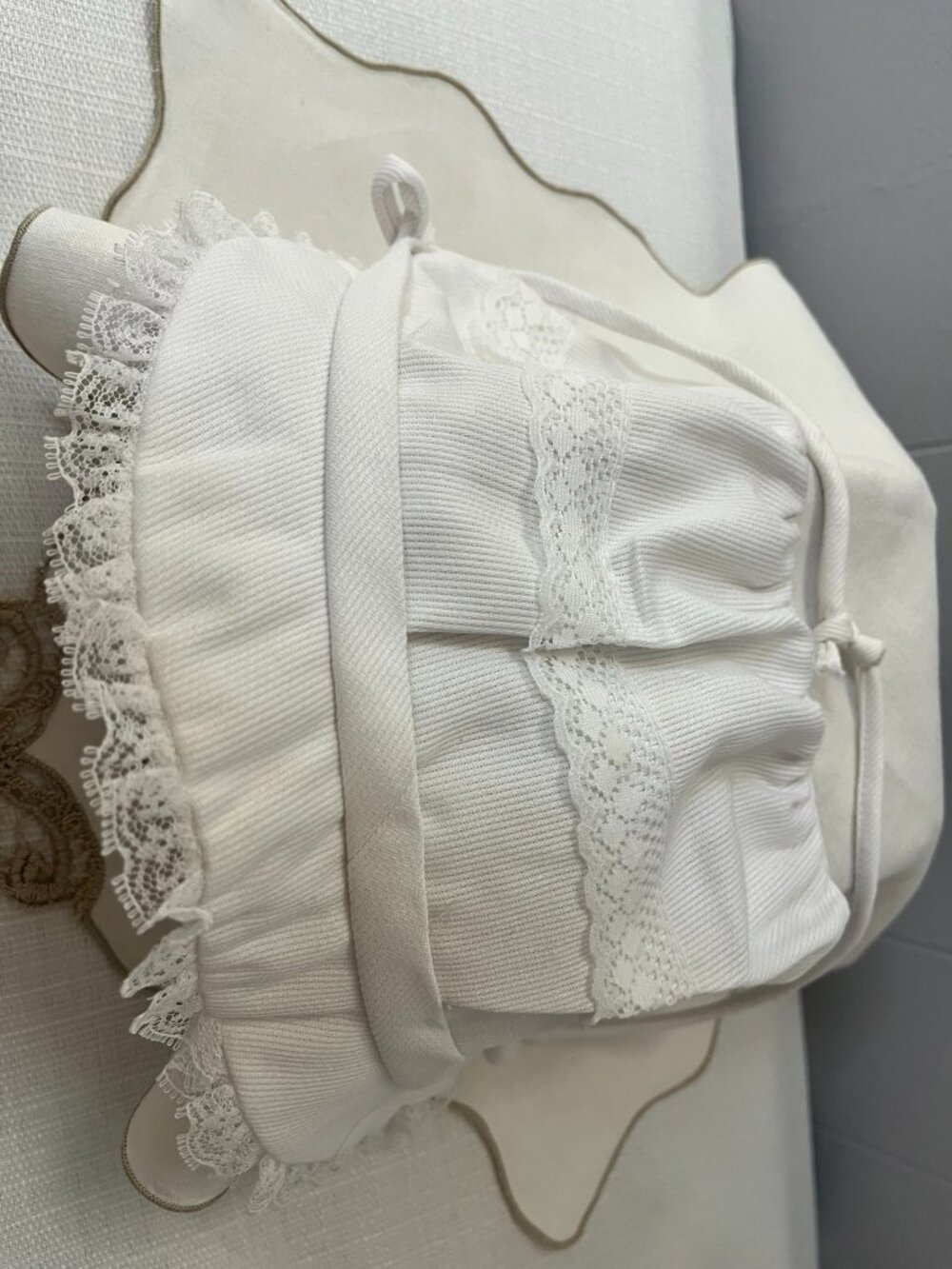 Vintage White Baby Bonnet Lace Trim Ribbon Tie Heirloom Christening Easter